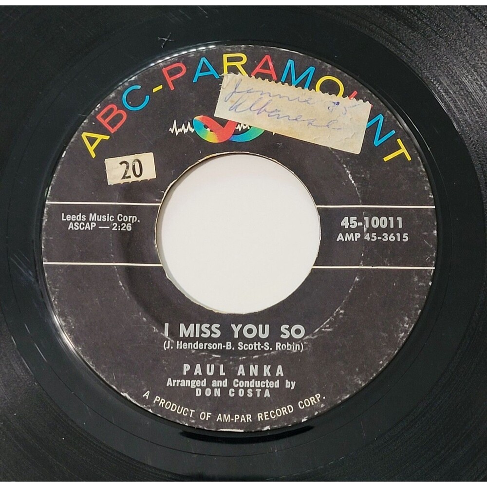 Paul Anka 45 RPM I Miss You So / Late Last Night - ABC Paramount VG Pop '59